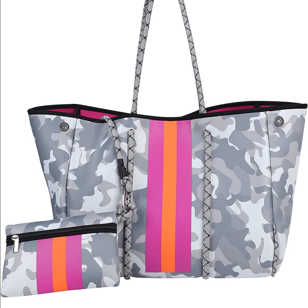 NWT Gray Camo & Pink Neoprene Tote & Wristlet